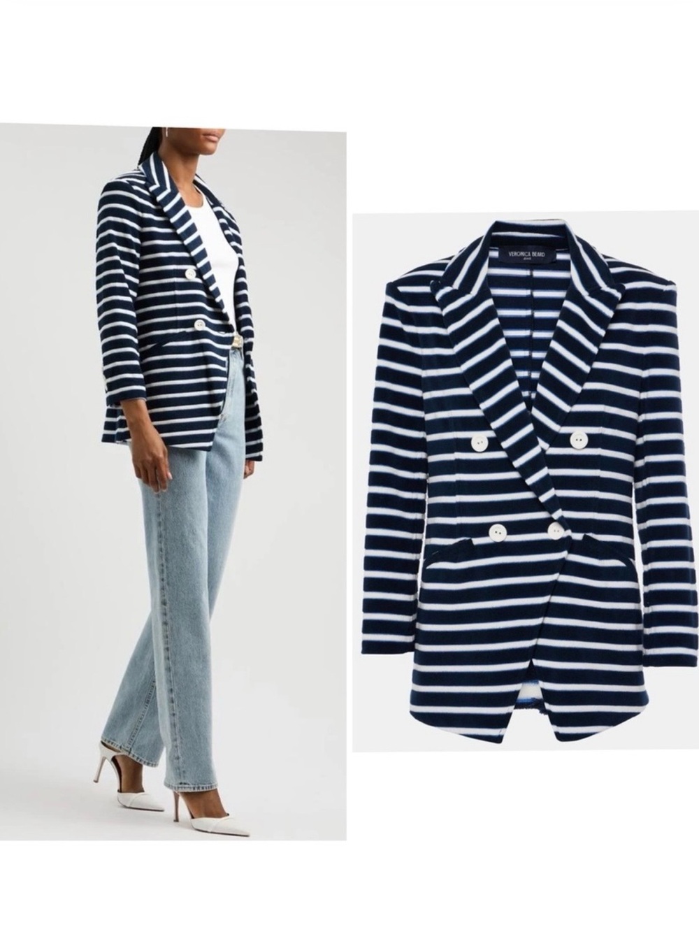 Veronica Beard Terry-Cloth Striped Navy & White Double-Breasted Blazer